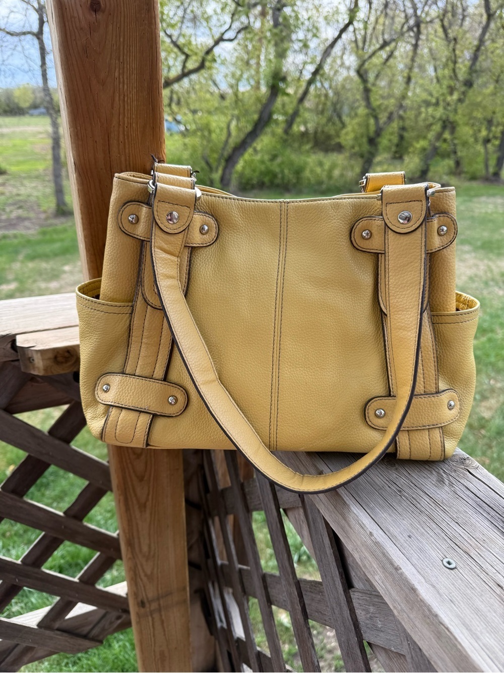 Tignanello Mustard Yellow Pebbled Leather Multi-Pocket Shoulder Bag